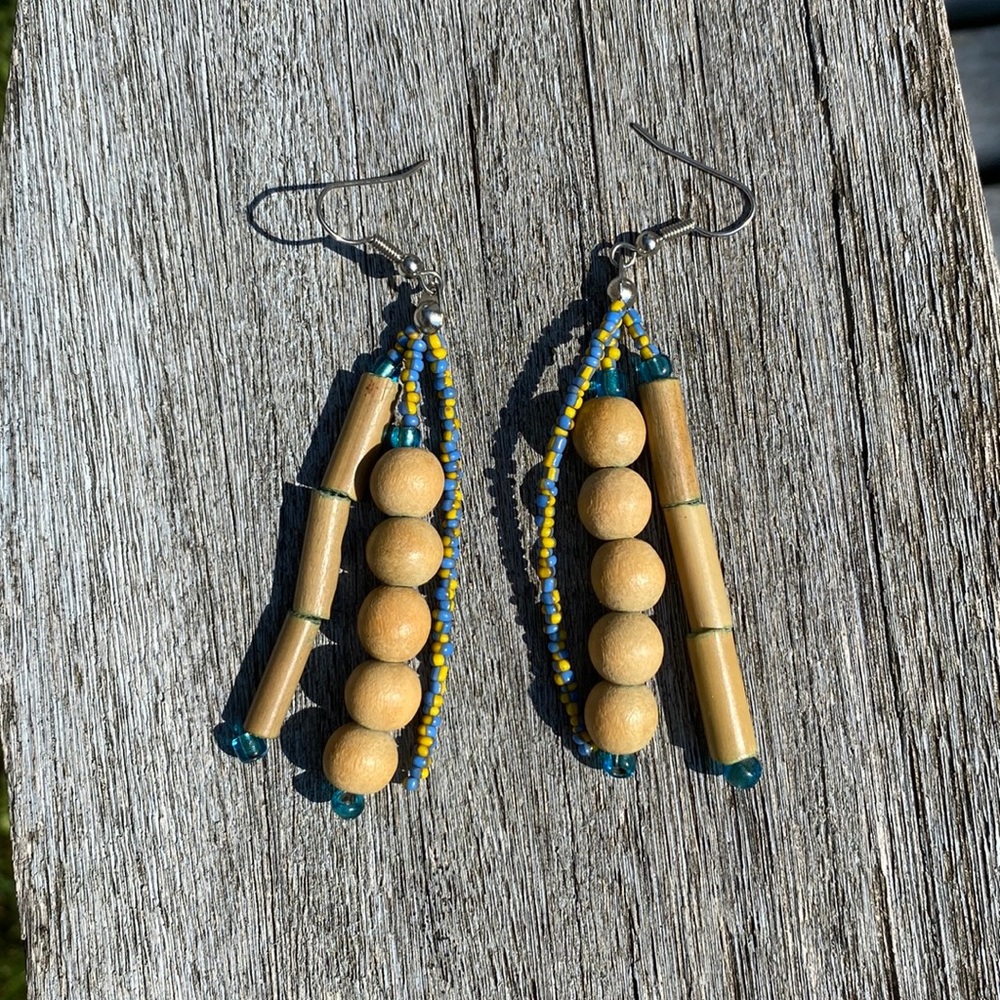 Wood bead earrings with yellow blue seed beads